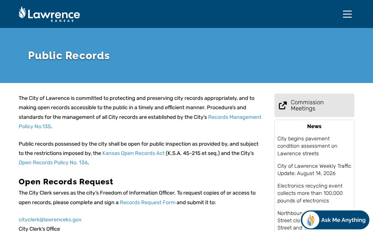 City of Lawrence public records request information