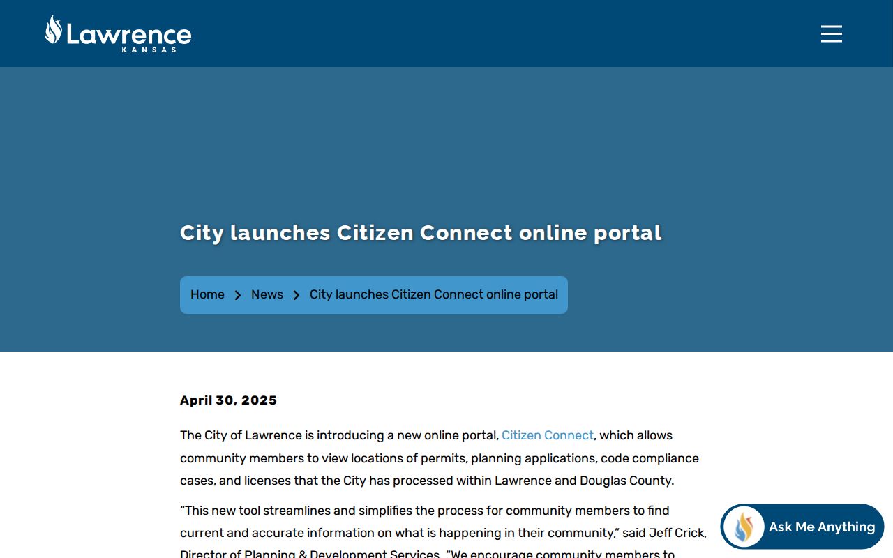 Lawrence neighbors Citizen Connect block activity portal