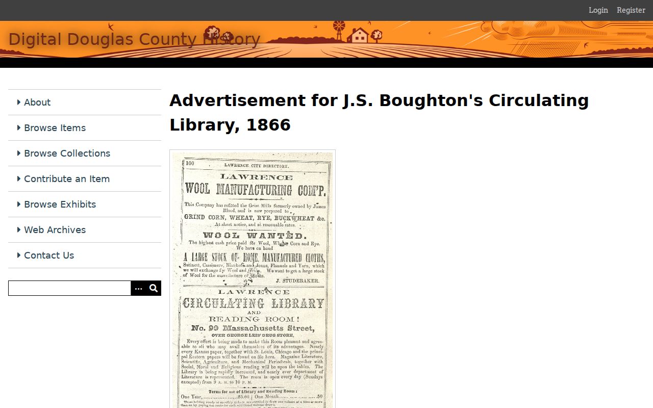 Digital 1866 Lawrence city directory item showing a historic Massachusetts Street source