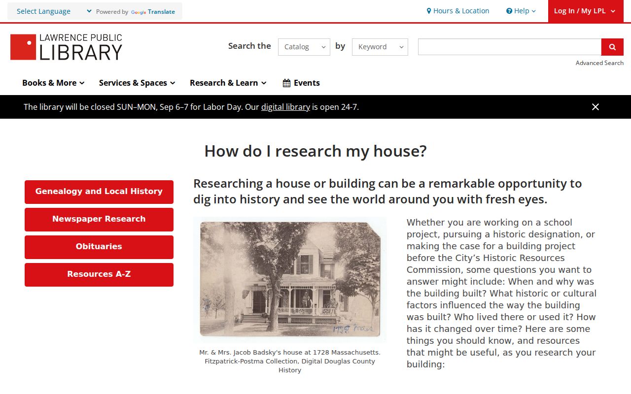 Lawrence Public Library house-history research guide for previous residents