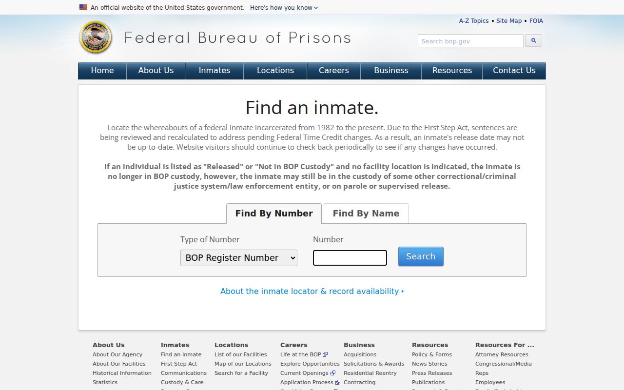 Federal inmate locator fields for a Lawrence resident lookup