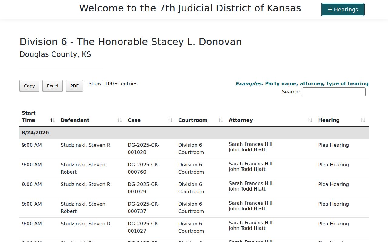 Douglas County hearing calendar used in a Lawrence resident lookup