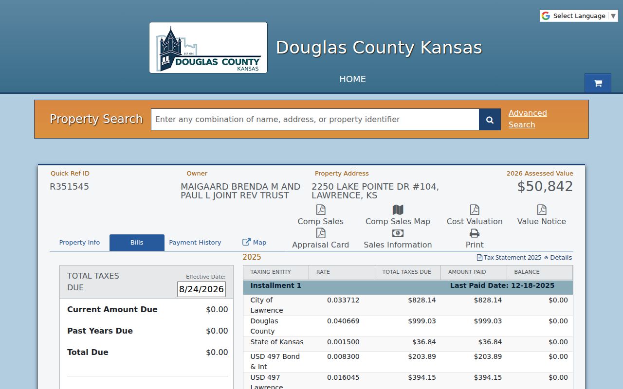 Sample Lawrence parcel detail showing owner situs legal and sales fields