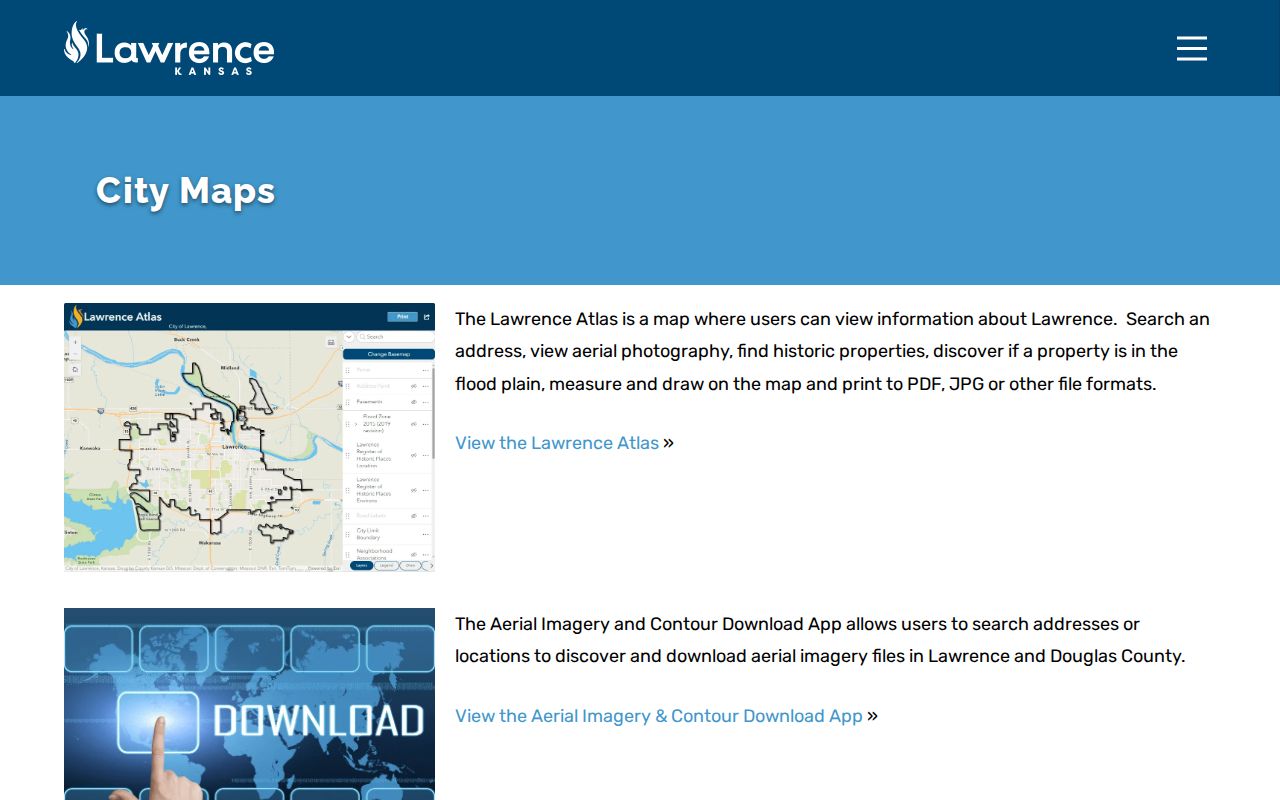 Lawrence GIS maps page with Atlas and address-based map resources